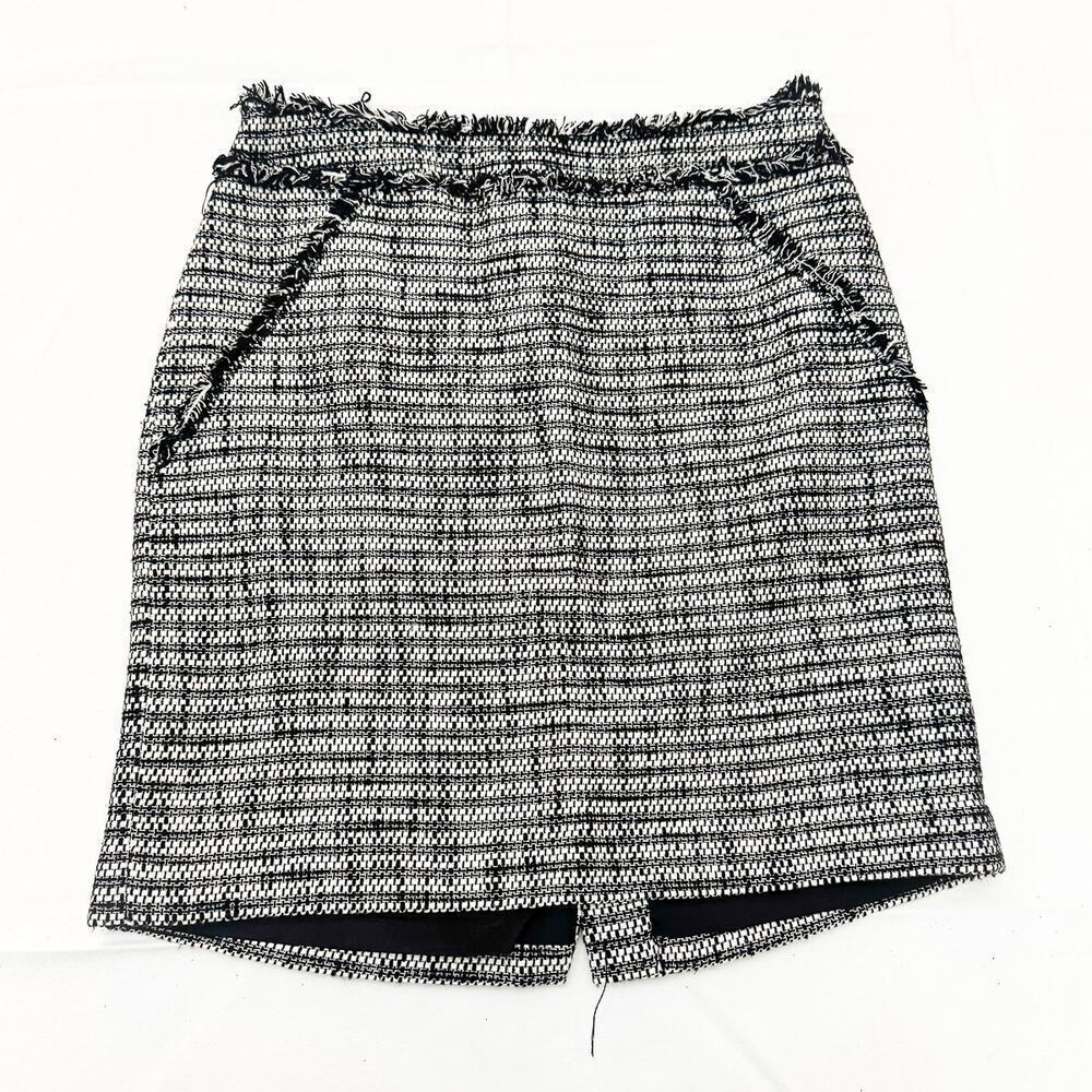 Rebecca Taylor Black/White Fringe Tweed Pencil Skirt Back Zipper Size 6 EUC